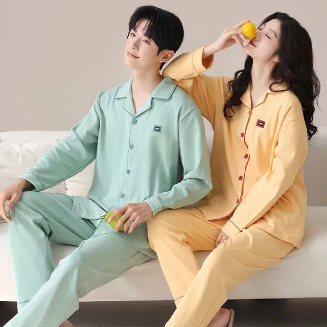 俏韵 翻领春秋季天纯棉简约纯色长袖长裤甜美舒适休闲家居服可外穿睡衣套装 男女同款