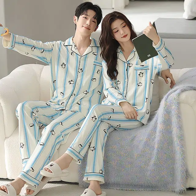 俏韵 翻领卡通条纹印花春秋季长袖长裤甜美可爱舒适家居服可外穿睡衣套装 男女同款