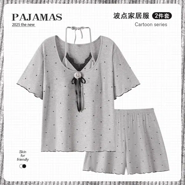 俏韵 纯欲风挂脖短袖甜美家居服睡衣套装 女款 灰色