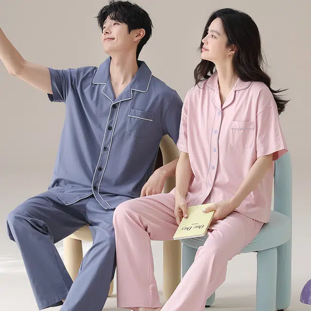 俏韵 翻领简约舒适短袖休闲长裤睡衣套装 男女同款