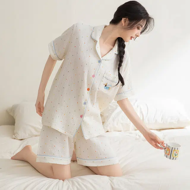 俏韵 卡通腊肠狗印花翻领短袖可爱家居服可外穿睡衣套装 女款