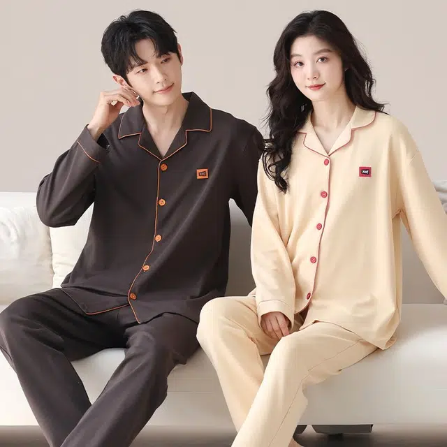 俏韵 翻领春秋季纯棉简约纯色长袖长裤甜美舒适休闲家居服可外穿睡衣套装 男女同款