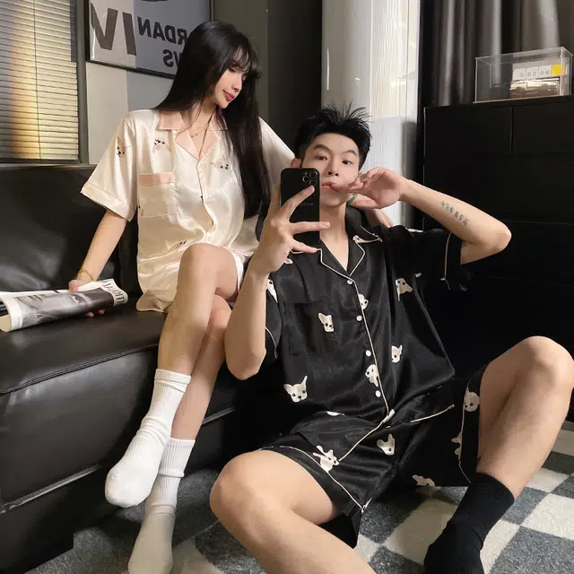 俏韵 休闲简约亲肤舒适字母翻领短袖透气可外穿睡衣套装 男女同款