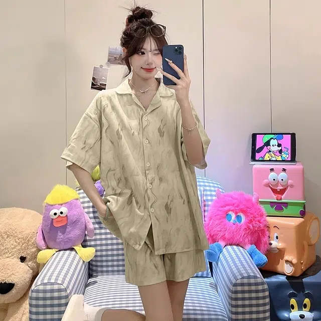 俏韵 翻领短袖上衣三件套简约休闲高级感薄款家居服可外穿长裤夏季睡衣套装 女款