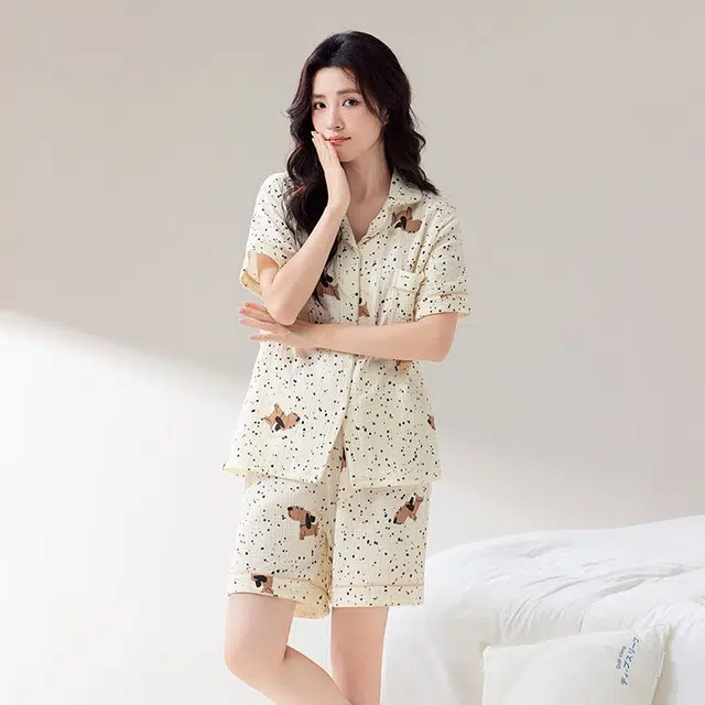 俏韵 翻领夏季纯棉甜美可爱短袖舒适薄款家居服可外穿睡衣套装 女款