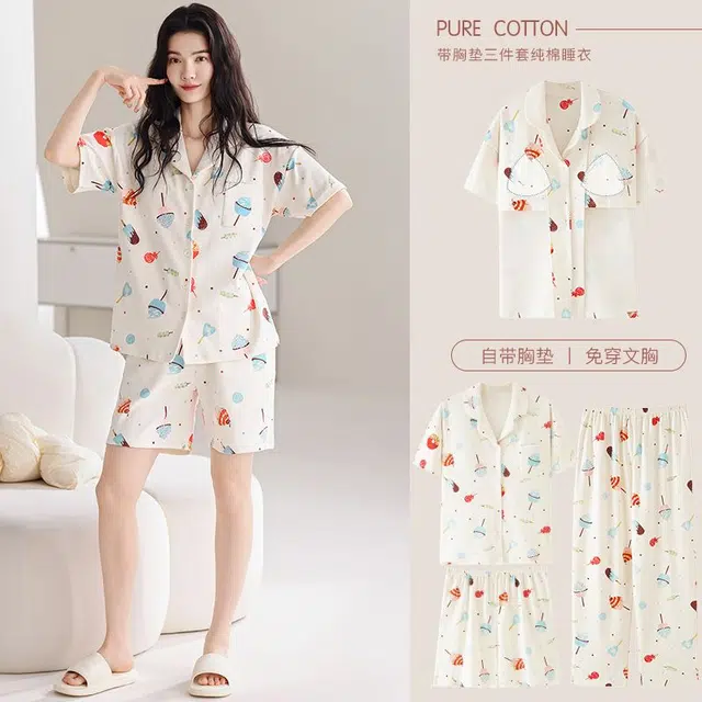 俏韵 翻领卡通夏季舒适可爱甜美带胸垫短袖三件套薄款家居服可外穿睡衣套装 女款