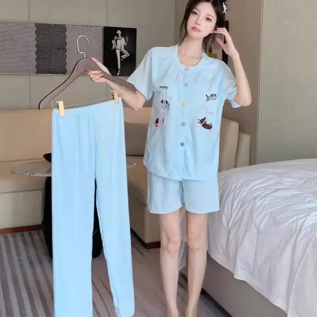 俏韵 圆领带胸垫短袖卡通家居服可外穿睡衣套装 女款