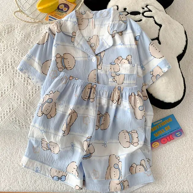 俏韵 翻领卡通夏季云朵棉短袖短裤可爱甜美薄款家居服可外穿睡衣套装 女款