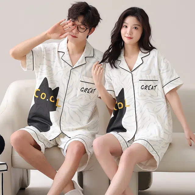 俏韵 舒适休闲翻领短袖薄款家居服可外穿睡衣套装 男女同款