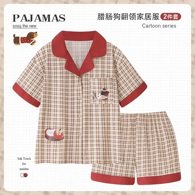 俏韵 翻领夏季苹果腊肠狗日系格子短袖短裤卡通夏天薄款家居服可外穿睡衣套装 女款