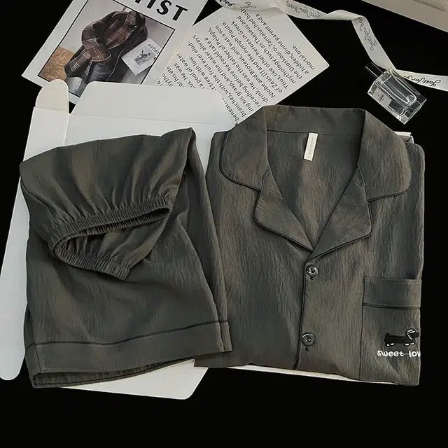 俏韵 翻领夏季云朵棉双短两件套简约纯色刺绣开衫薄款家居服可外穿睡衣套装 男款