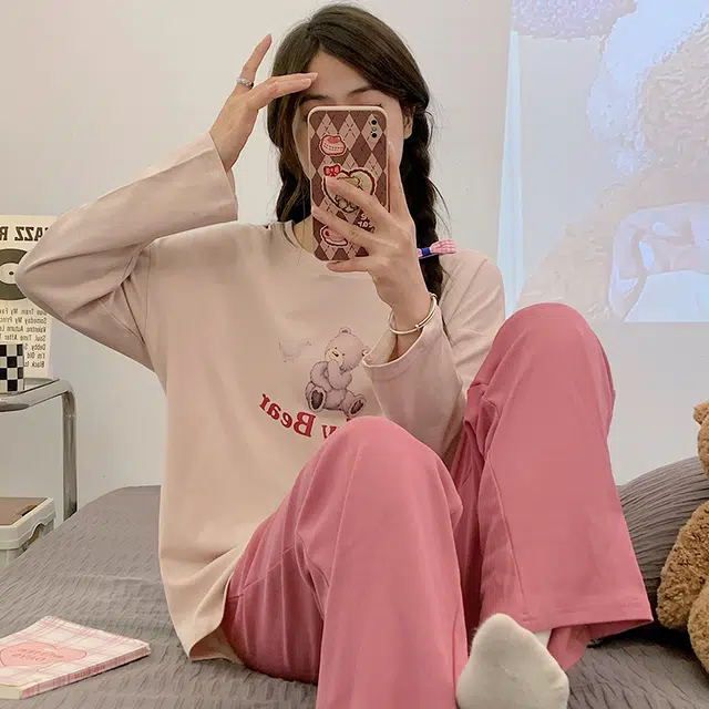 俏韵 圆领春秋季款仿棉长袖简约印花休闲甜美可爱薄款舒适家居服可外穿睡衣套装 女款