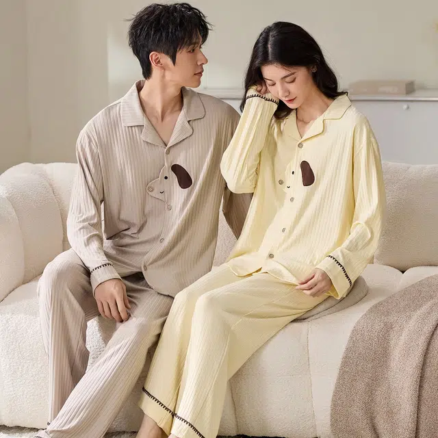 俏韵 翻领春秋季简约长袖长裤甜美舒适休闲家居服可外穿睡衣套装 男女同款