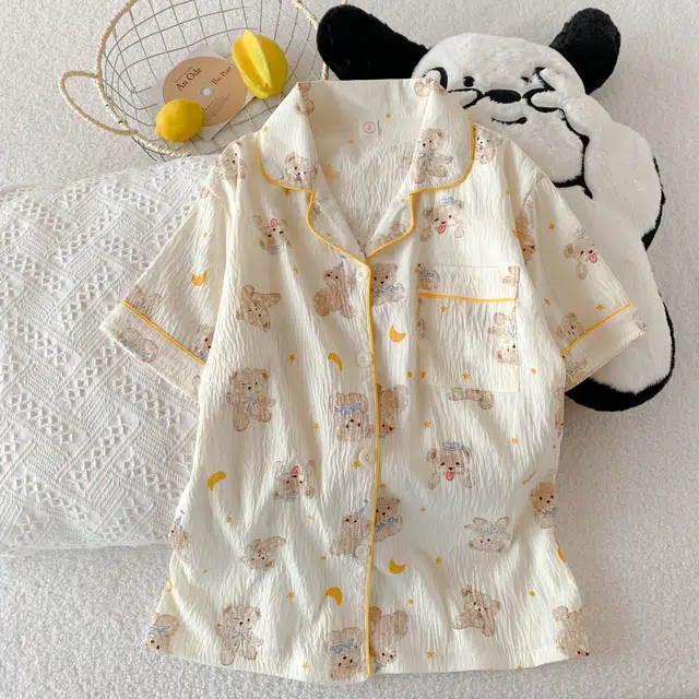 俏韵 翻领卡通小熊夏季云朵棉印花开衫短袖短裤甜美可爱家居服可外穿睡衣套装 女款