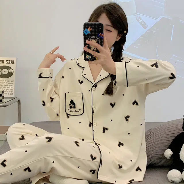 俏韵 翻领春秋季仿棉长袖长裤简约风休闲甜美可爱舒适薄款家居服可外穿睡衣套装 女款