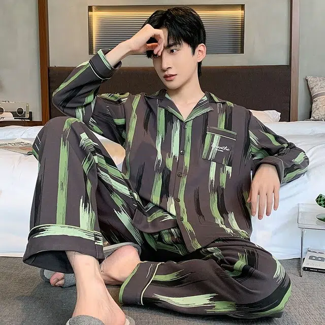 俏韵 翻领春秋季简约印花长袖长裤休闲开衫薄款家居服可外穿睡衣套装 男款