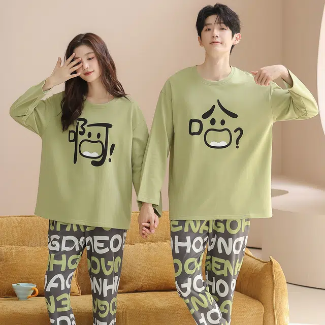 俏韵 圆领卡通春秋季纯棉长袖长裤甜美可爱舒适薄款家居服可外穿睡衣套装 男女同款