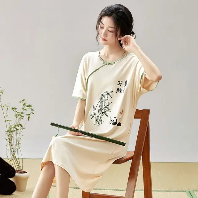 俏韵 圆领夏季熊猫短袖简约甜美国风中长款家居服可外穿睡裙 女款