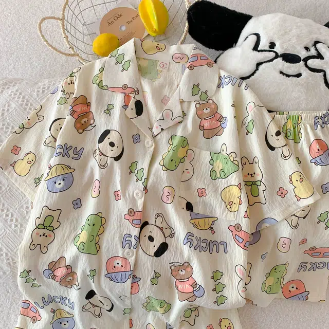 俏韵 翻领卡通夏季款云朵棉印花开衫短袖短裤甜美可爱家居服可外穿睡衣套装 女款