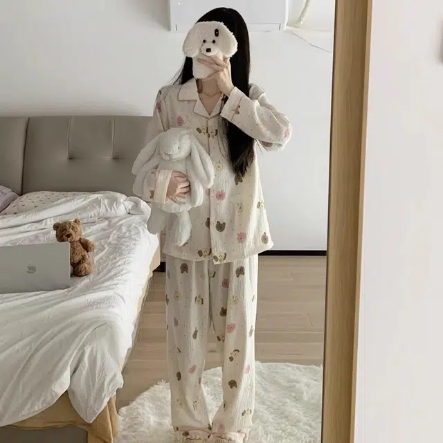 俏韵 翻领卡通小熊春秋季印花长袖长裤甜美可爱薄款家居服可外穿睡衣套装 女款