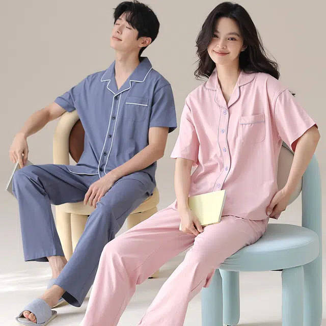 俏韵 翻领简约舒适短袖休闲长裤睡衣套装 男女同款