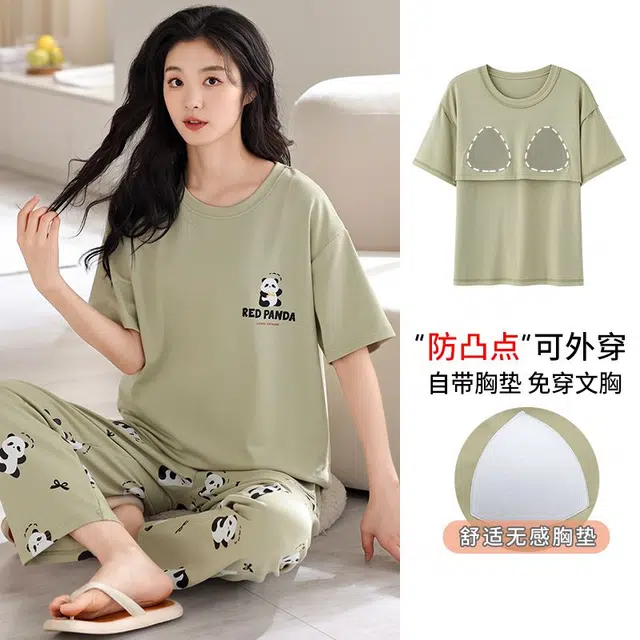 俏韵 圆领卡通熊猫夏季舒适纯棉短袖长裤带胸垫甜美薄款凉感家居服可外穿睡衣套装 女款