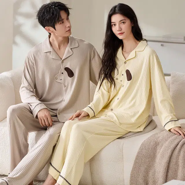 俏韵 翻领春秋季简约长袖长裤甜美舒适休闲家居服可外穿睡衣套装 男女同款