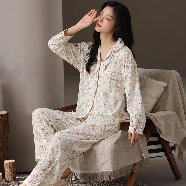 俏韵 翻领春秋季云朵棉简约长袖甜美可爱休闲舒适薄款家居服可外穿睡衣套装 女款