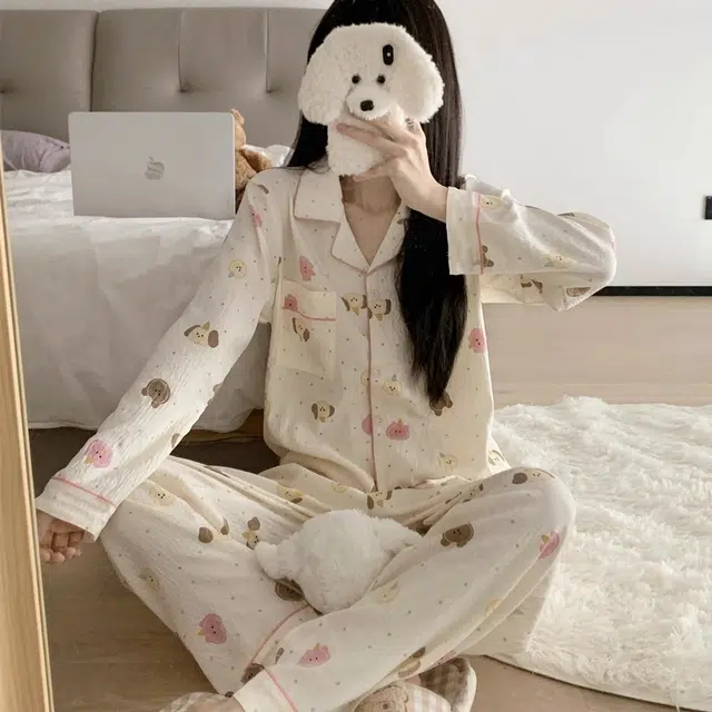 俏韵 翻领卡通小熊春秋季印花长袖长裤甜美可爱薄款家居服可外穿睡衣套装 女款