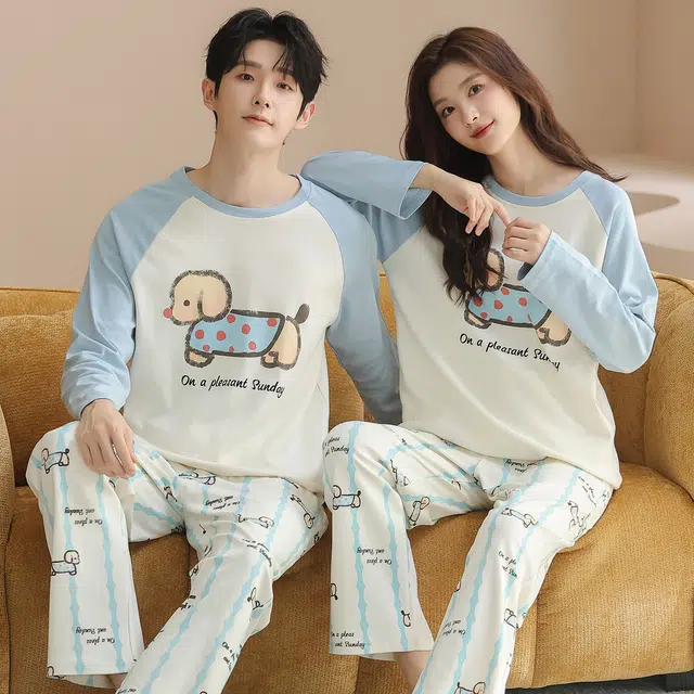 俏韵 圆领卡通春秋季纯棉简约长袖长裤甜美可爱舒适薄款家居服可外穿睡衣套装 男女同款
