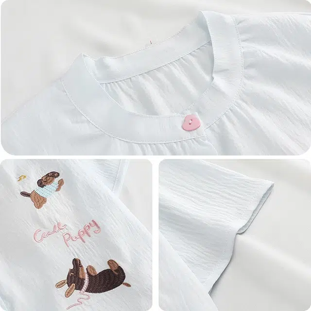 俏韵 圆领夏季带胸垫卡通腊肠狗短袖长裤三件套云朵棉薄款防凸点家居服可外穿睡衣套装 女款