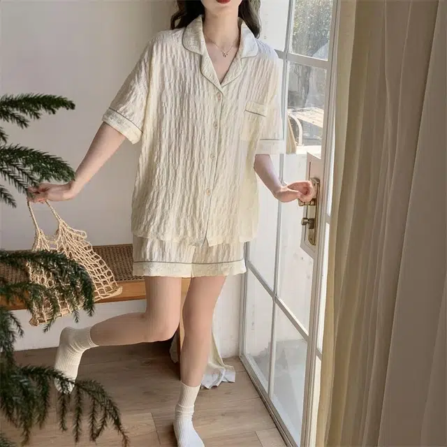 俏韵 翻领短袖甜美可爱家居服可外穿睡衣套装 女款 杏色