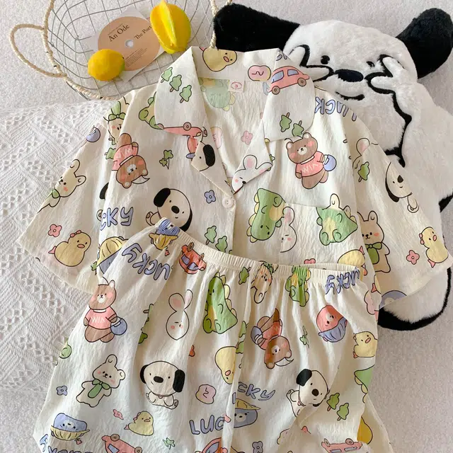 俏韵 翻领卡通夏季款云朵棉印花开衫短袖短裤甜美可爱家居服可外穿睡衣套装 女款