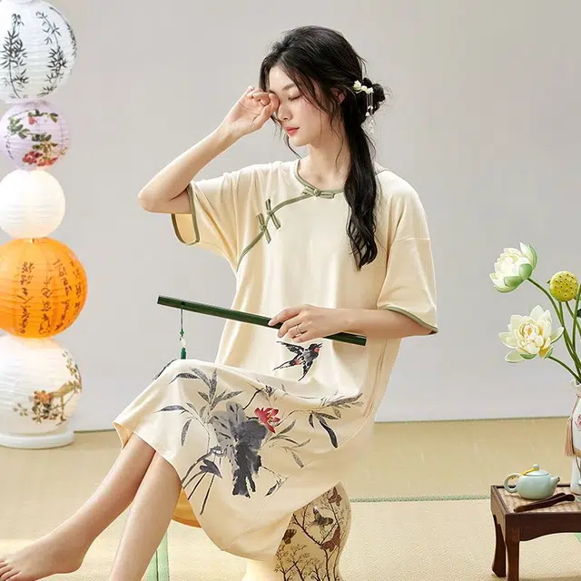 俏韵 圆领中国风短袖简约甜美风中长款家居服可外穿睡裙 女款