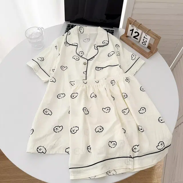 俏韵 翻领卷毛小狗云朵棉短袖薄款卡通家居服可外穿睡衣套装 男女同款