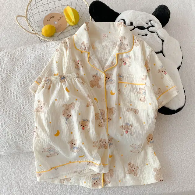 俏韵 翻领卡通小熊夏季云朵棉印花开衫短袖短裤甜美可爱家居服可外穿睡衣套装 女款