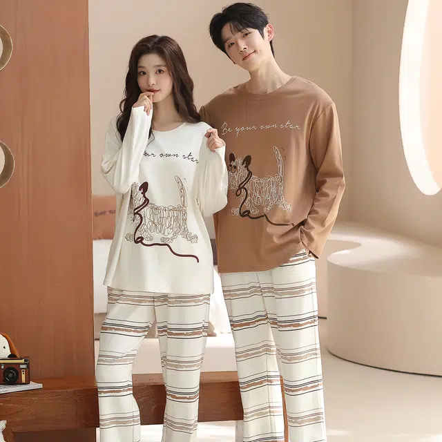 俏韵 圆领卡通春秋季款纯棉长袖长裤甜美印花可爱舒适薄款家居服可外穿睡衣套装 男女同款