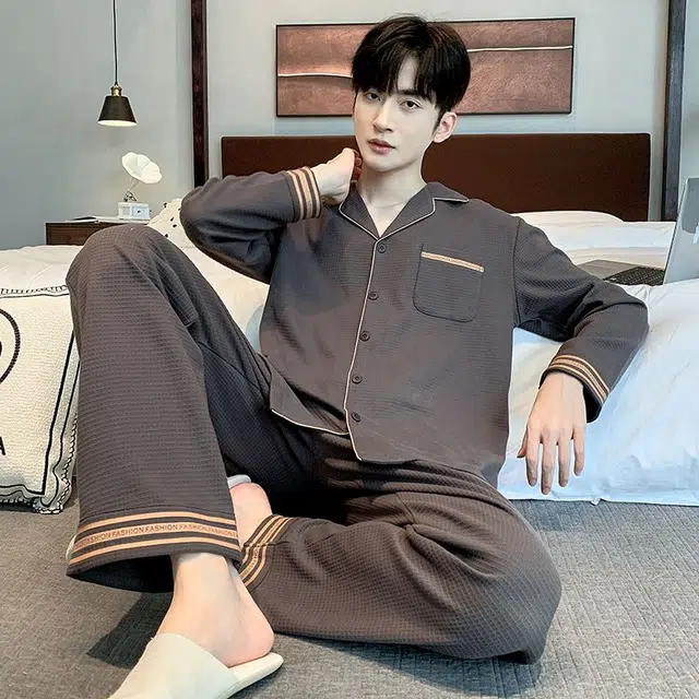 俏韵 翻领秋春季长袖长裤开衫休闲风简约薄款家居服可外穿睡衣套装 男款
