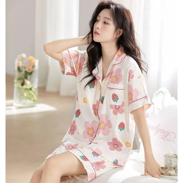 俏韵 翻领甜美舒适短袖三分裤薄款家居服可外穿夏季睡衣套装 女款