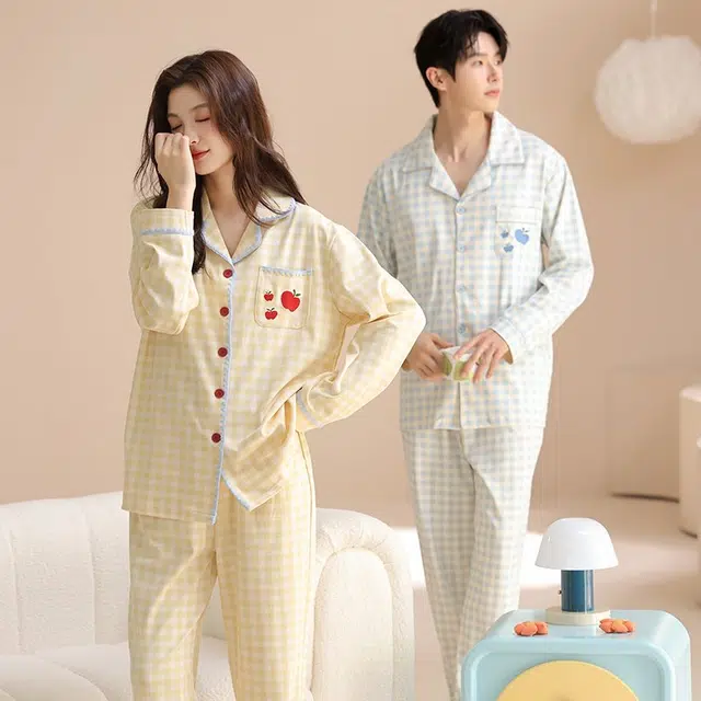 俏韵 翻领卡通苹果春秋季纯棉长袖长裤甜美印花可爱舒适薄款家居服可外穿睡衣套装 女款