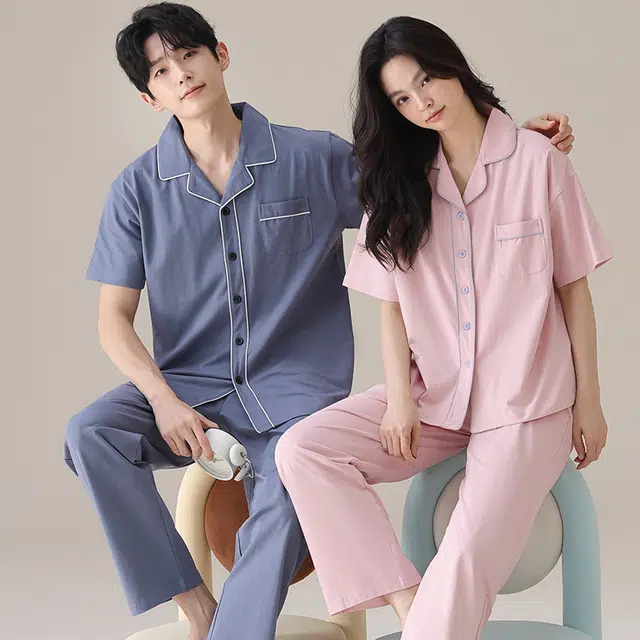 俏韵 翻领简约舒适短袖休闲长裤睡衣套装 男女同款