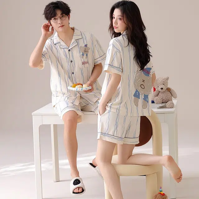 俏韵 翻领休闲纯棉卡通短袖薄款家居服可外穿睡衣套装 男女同款