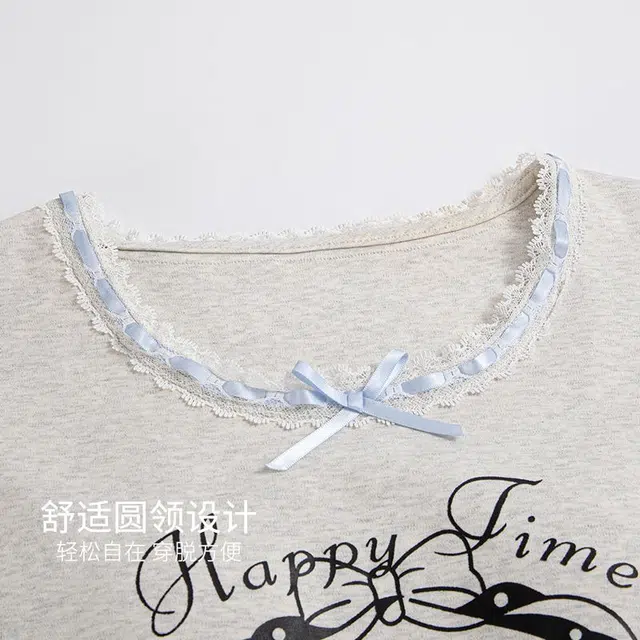 俏韵 圆领卡通夏季带胸垫短袖三件套甜美薄款舒适家居服可外穿睡衣套装 女款