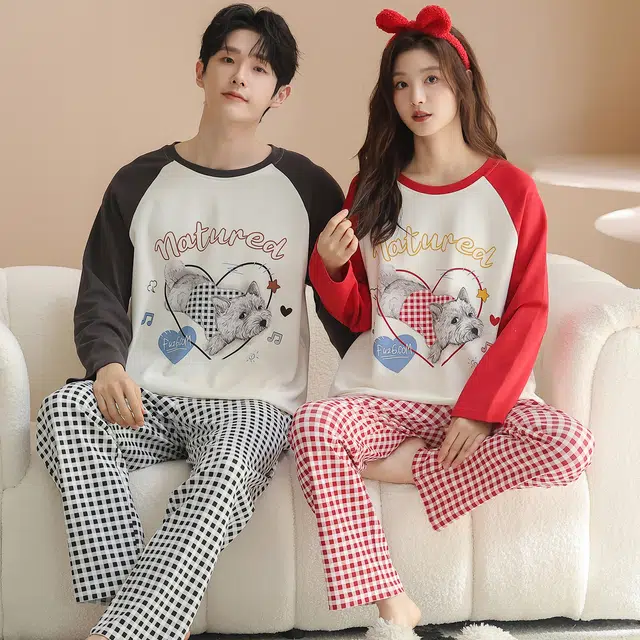 俏韵 圆领卡通春秋季纯棉长袖长裤甜美印花可爱舒适薄款家居服可外穿睡衣套装 男女同款