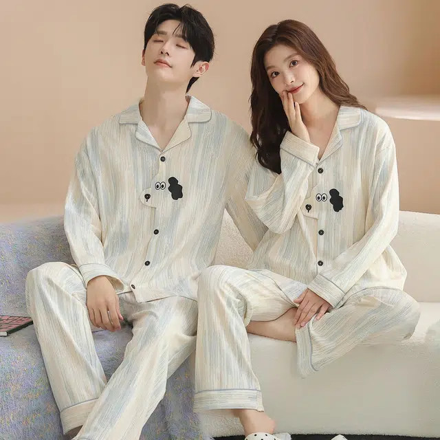 俏韵 翻领卡通春秋季纯棉长袖长裤甜美时尚舒适高级家居服可外穿睡衣套装 男女同款