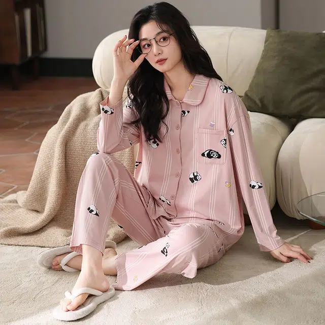 俏韵 翻领卡通熊猫春秋季长袖长裤甜美可爱休闲舒适薄款家居服可外穿睡衣套装 女款