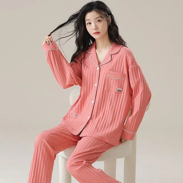 俏韵 翻领春秋季简约条纹长袖长裤开衫甜美可爱休闲舒适薄款家居服可外穿睡衣套装 女款