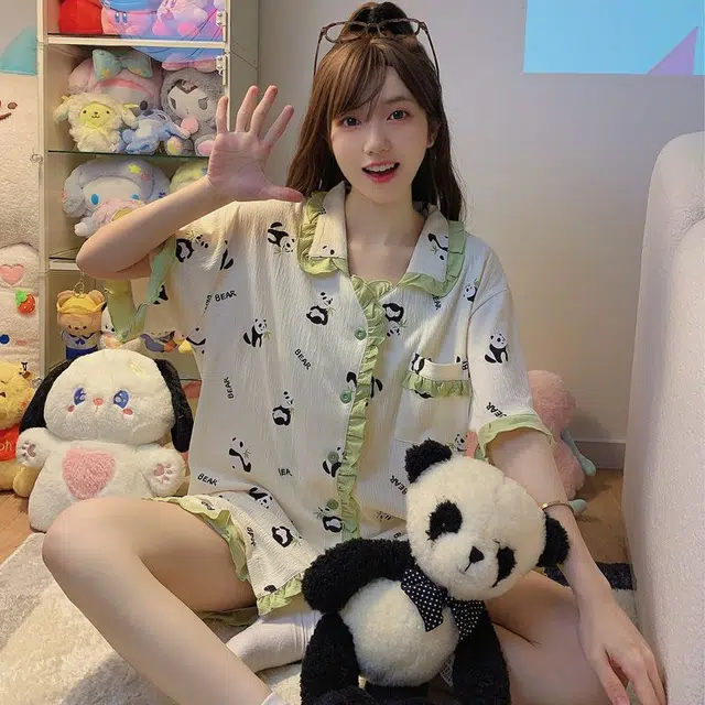 俏韵 翻领短袖可爱花边熊猫休闲居家服外穿睡衣套装 女款 白色