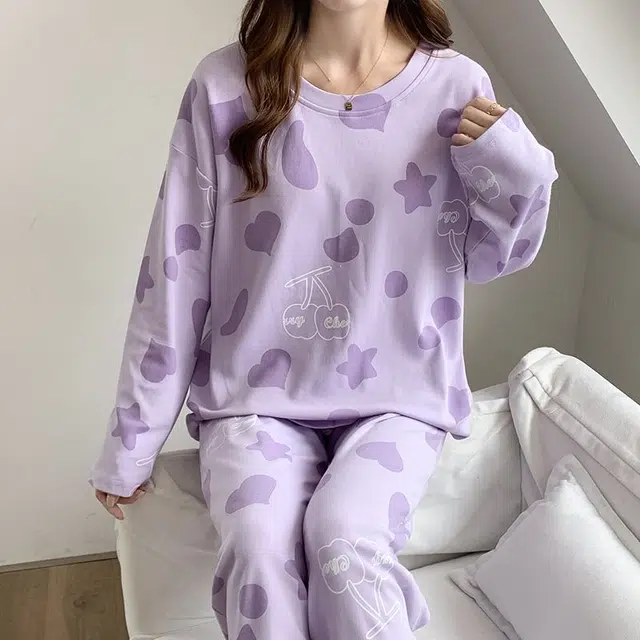 俏韵 圆领春秋季仿棉长袖甜美休闲薄款家居服可外穿睡衣套装 女款