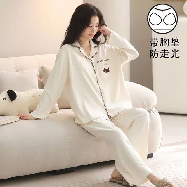 俏韵 翻领春秋季简约风长袖长裤休闲甜美可爱薄款舒适家居服可外穿 睡衣套装 女款